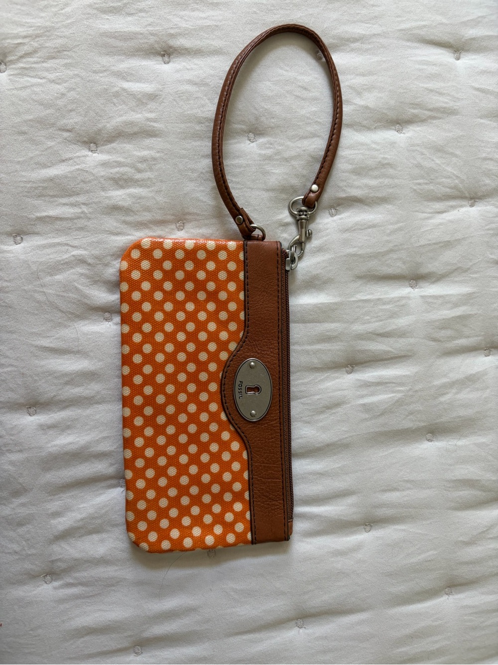 Fossil Orange Polka Dot Wristlet with Brown Trim